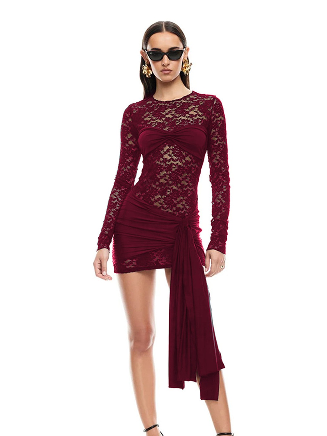 Maroon Lace Bodycon Mini Dress with Long Sleeves