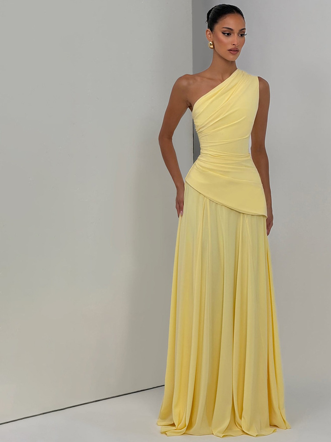 Yellow Sleeveless Maxi Dress with Ruched Bodice