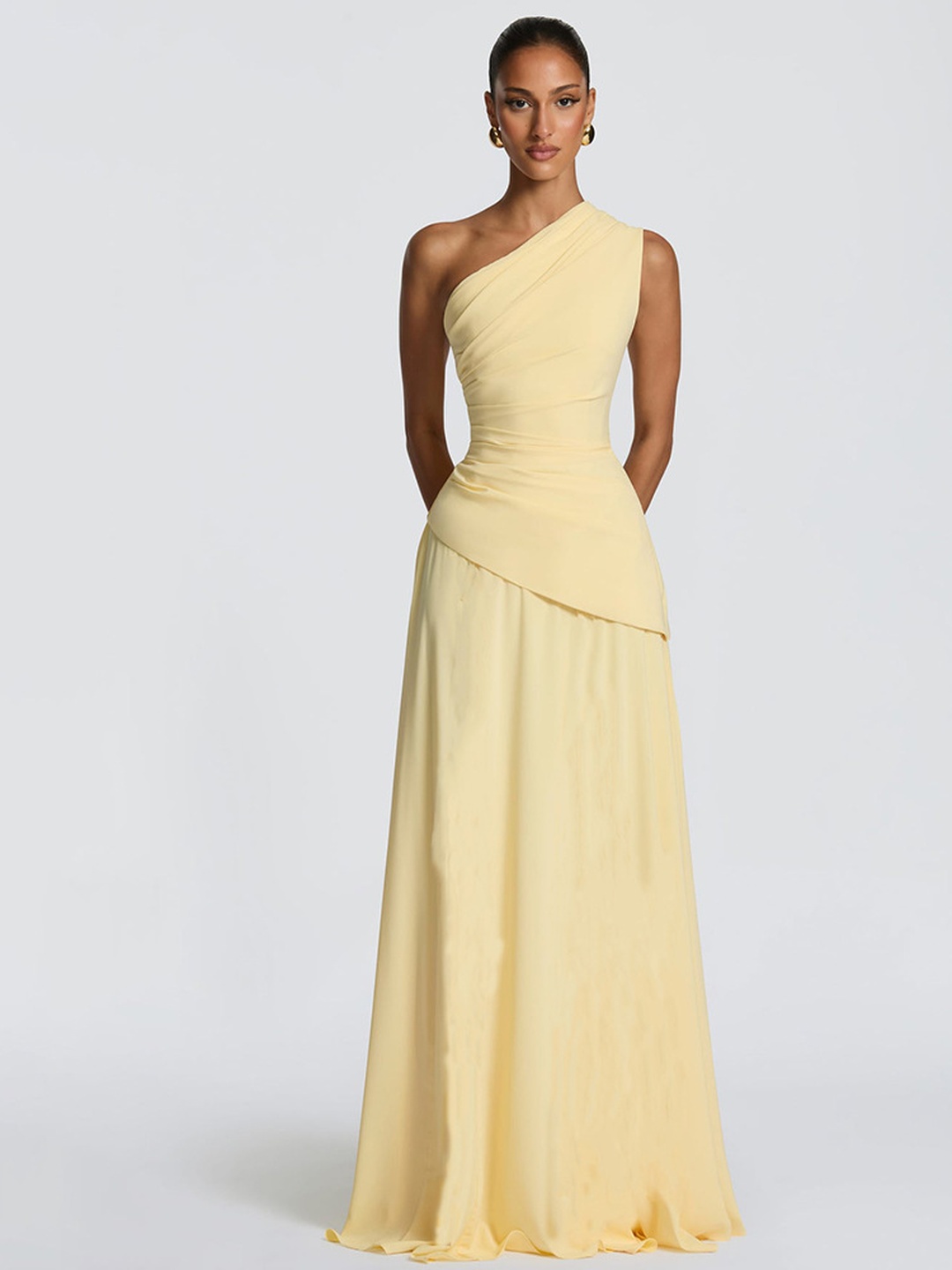 Yellow Sleeveless Maxi Dress with Ruched Bodice