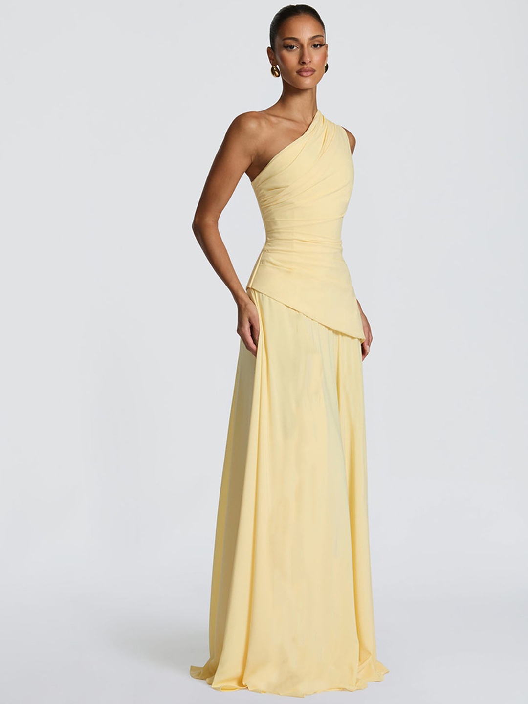 Yellow Sleeveless Maxi Dress with Ruched Bodice