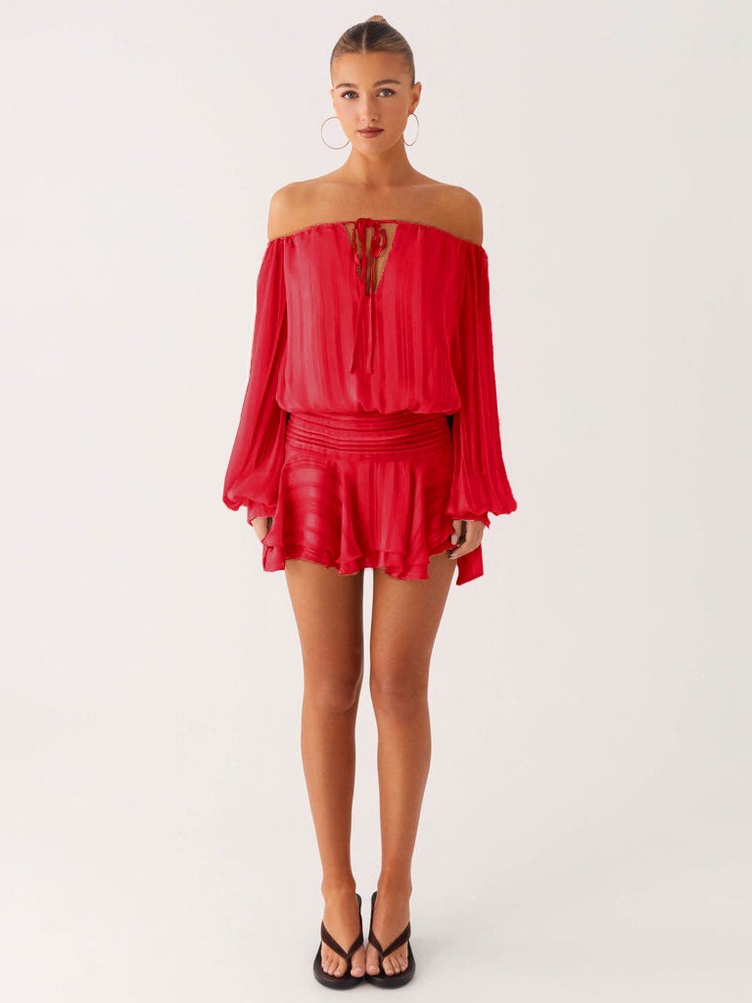 Red Off-Shoulder Long Sleeve Mini Skater Dress