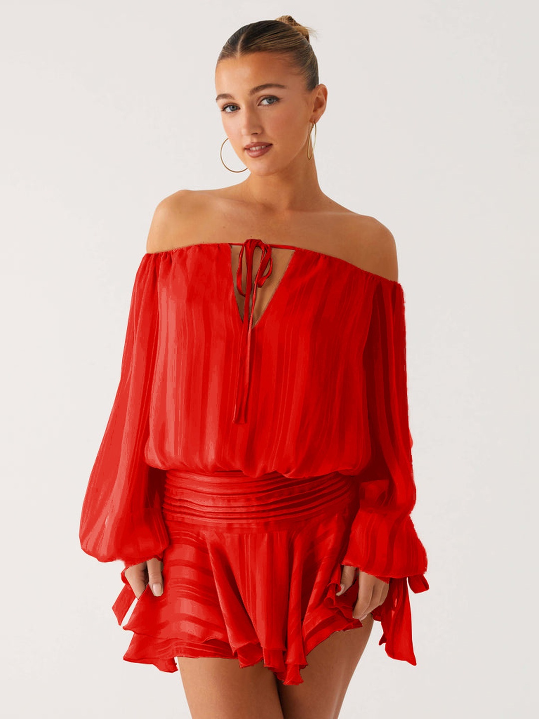 Red Off-Shoulder Long Sleeve Mini Skater Dress