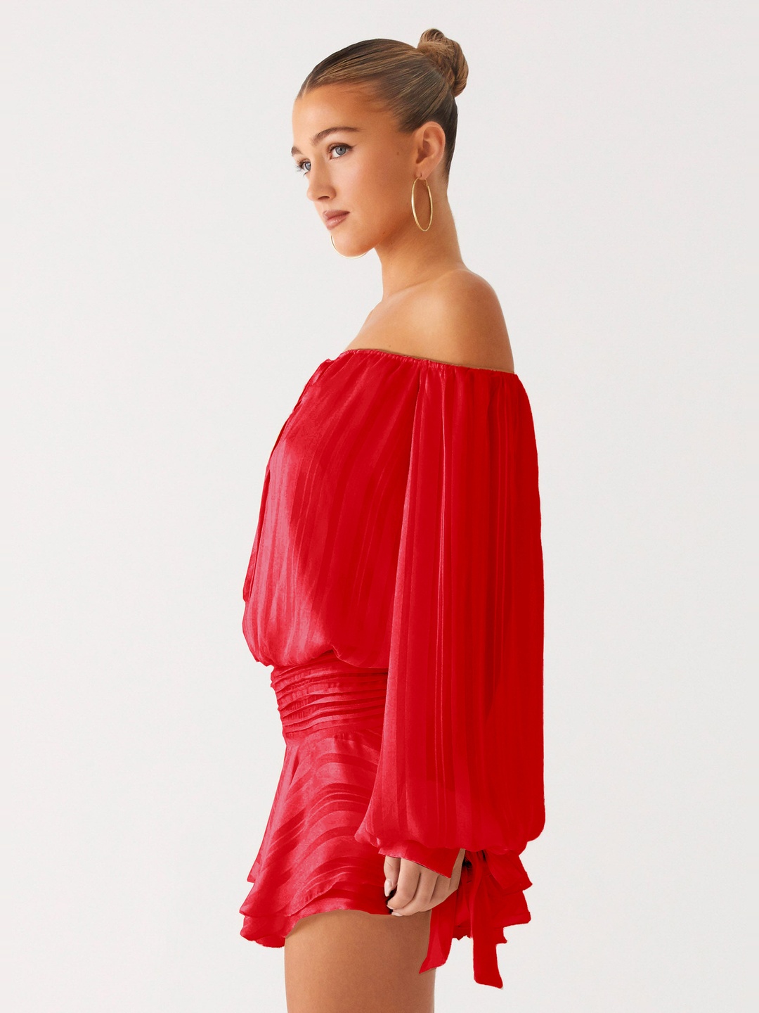 Red Off-Shoulder Long Sleeve Mini Skater Dress