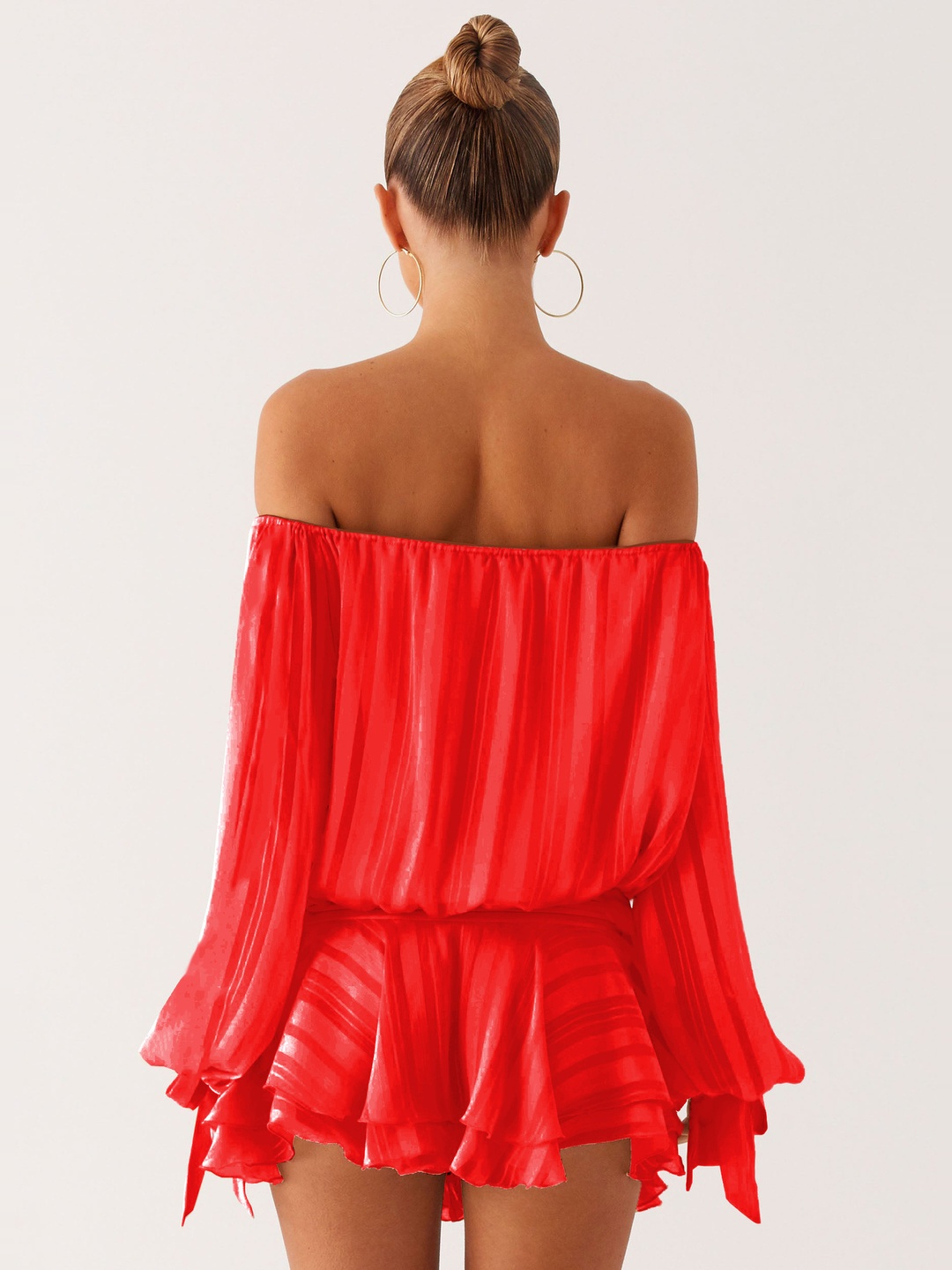Red Off-Shoulder Long Sleeve Mini Skater Dress