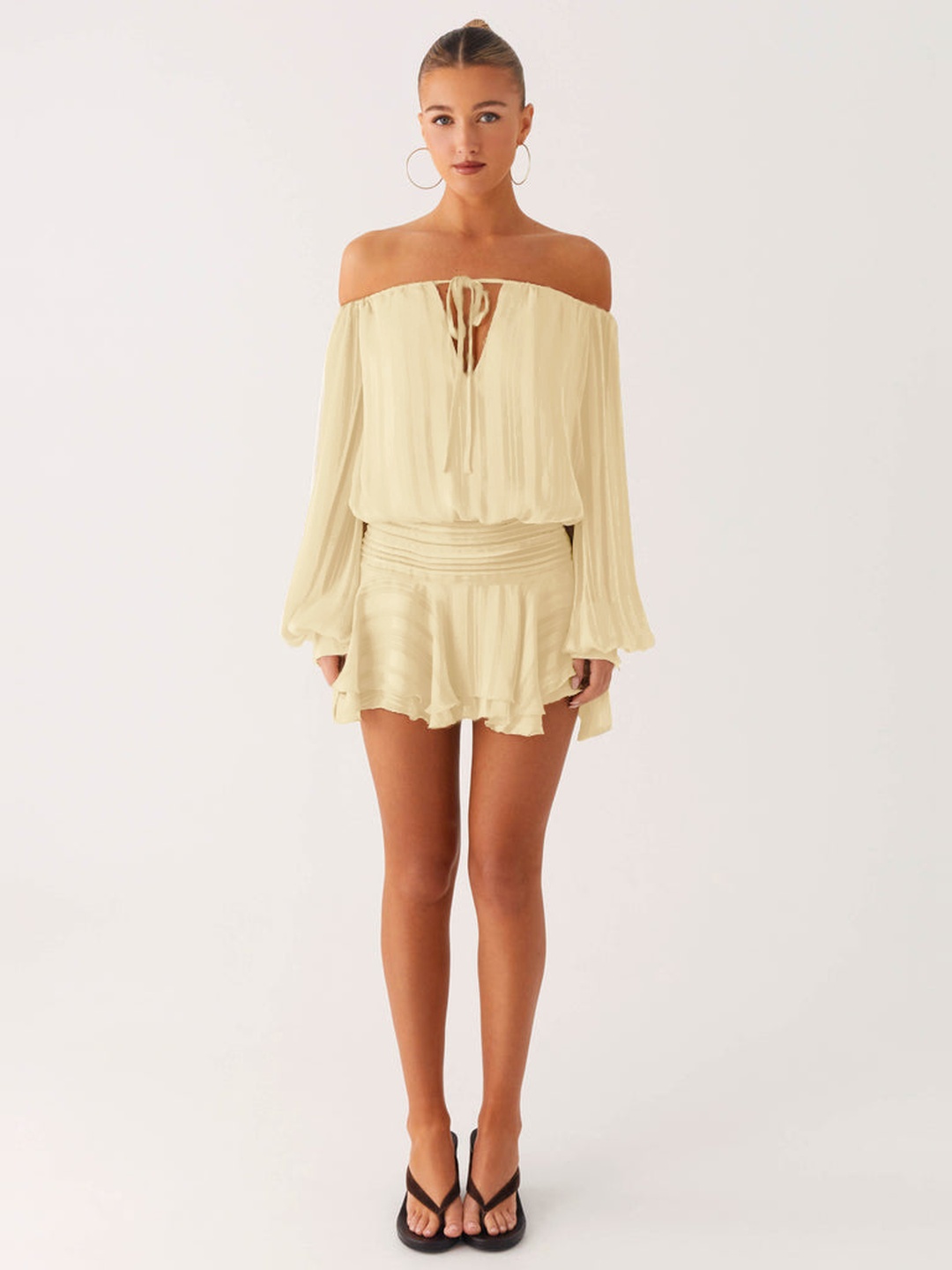 Yellow Plain Mini Fit and Flare Dress with Long Sleeves