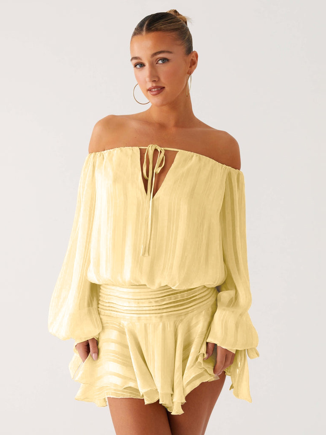 Yellow Plain Mini Fit and Flare Dress with Long Sleeves