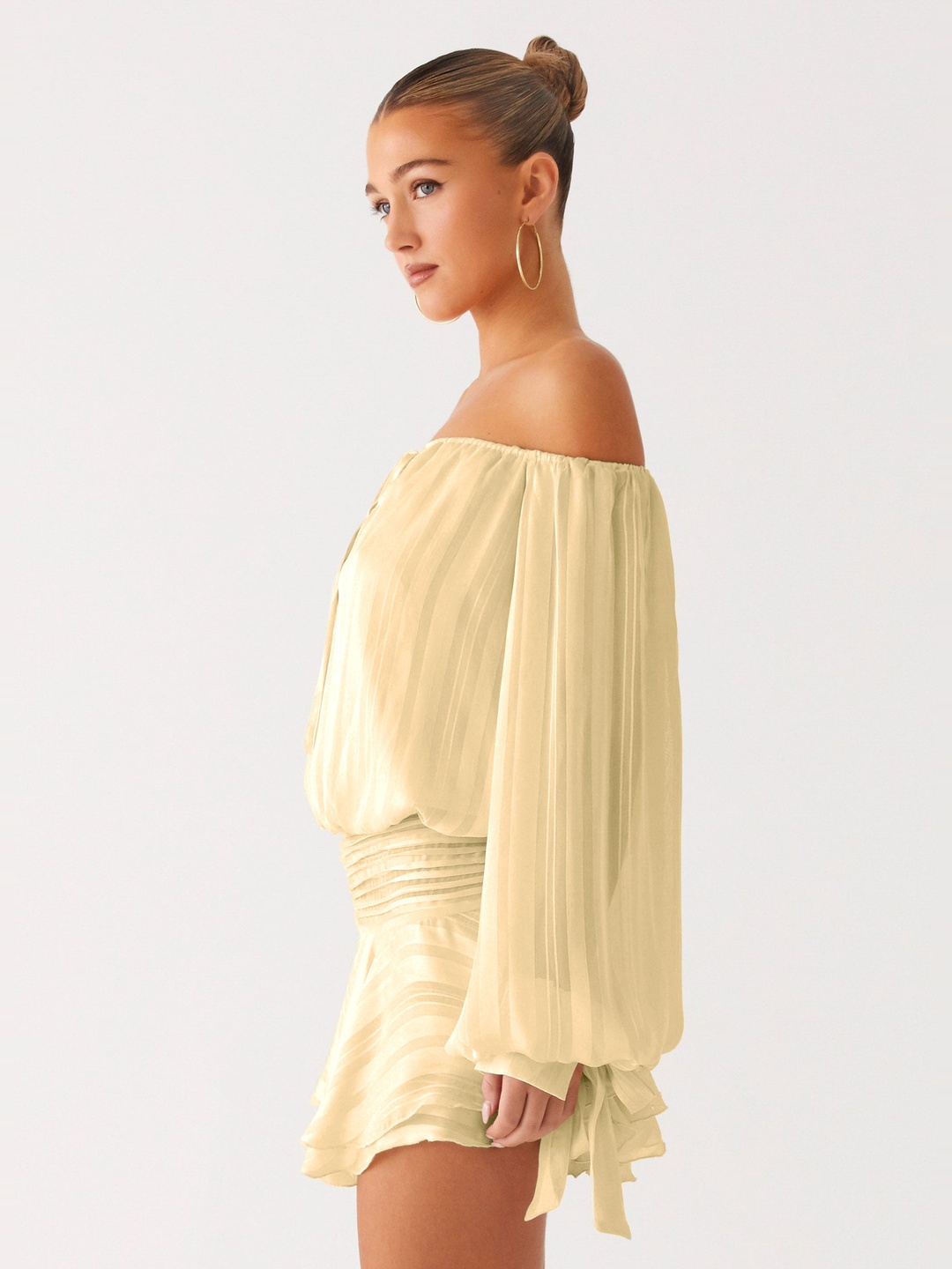 Yellow Plain Mini Fit and Flare Dress with Long Sleeves