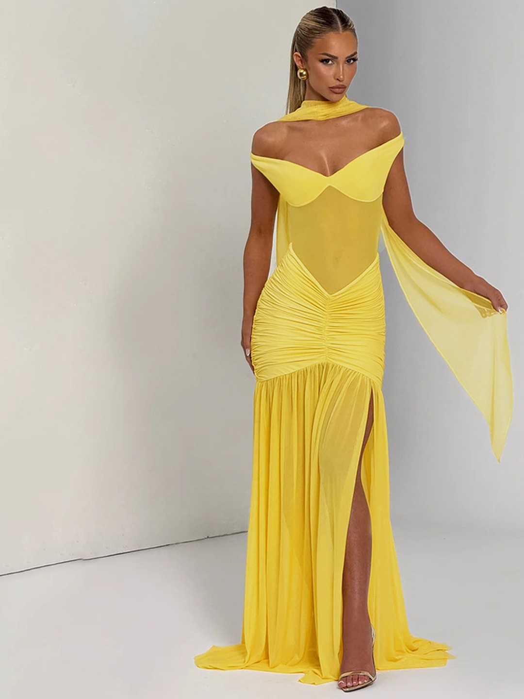 Yellow Bodycon Maxi Dress with Sheer Details