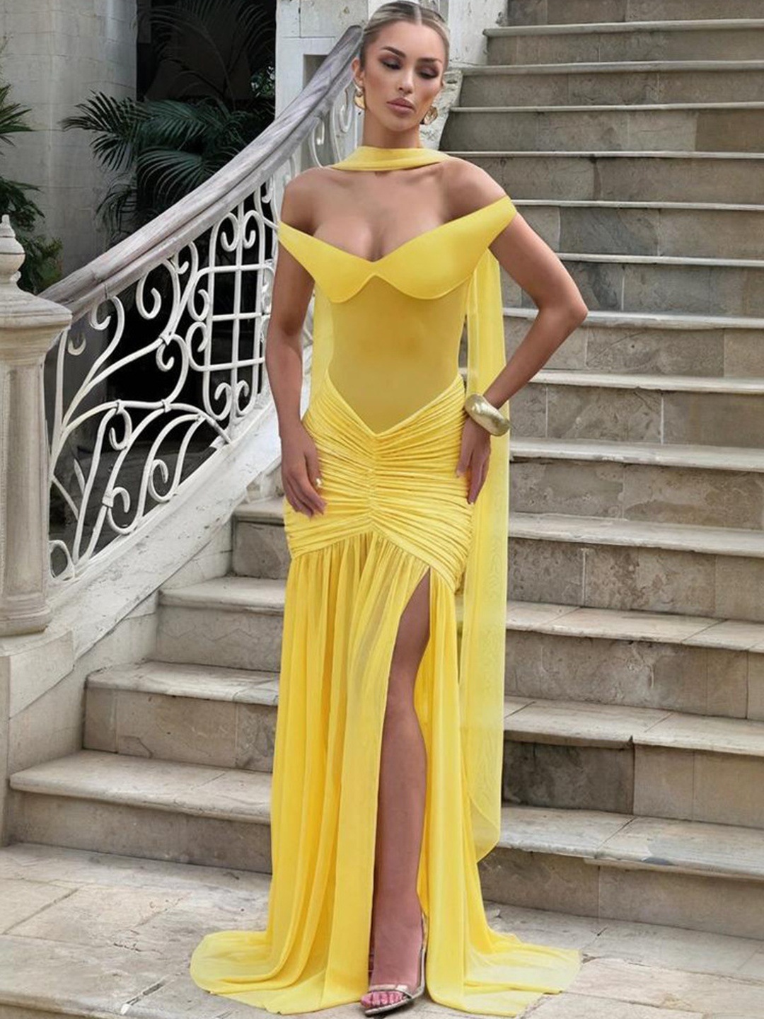 Yellow Bodycon Maxi Dress with Sheer Details