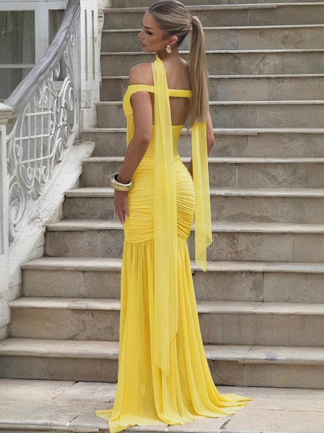 Yellow Bodycon Maxi Dress with Sheer Details