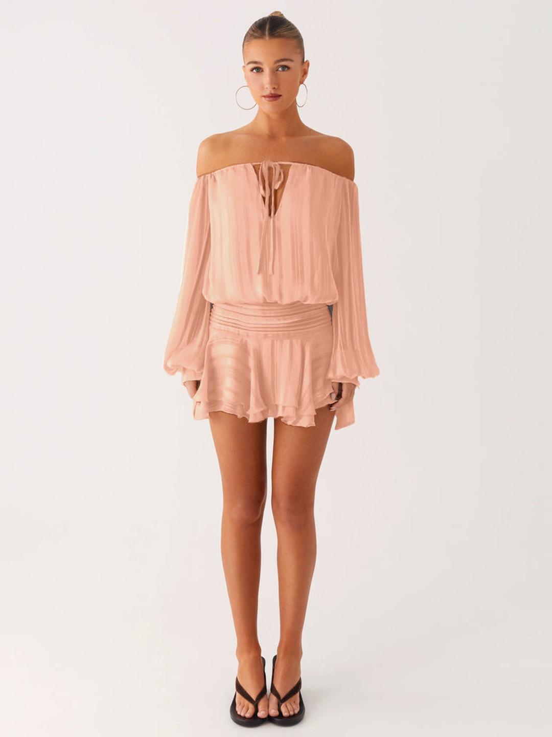 Peach Mini Skater Dress with Long Sleeves