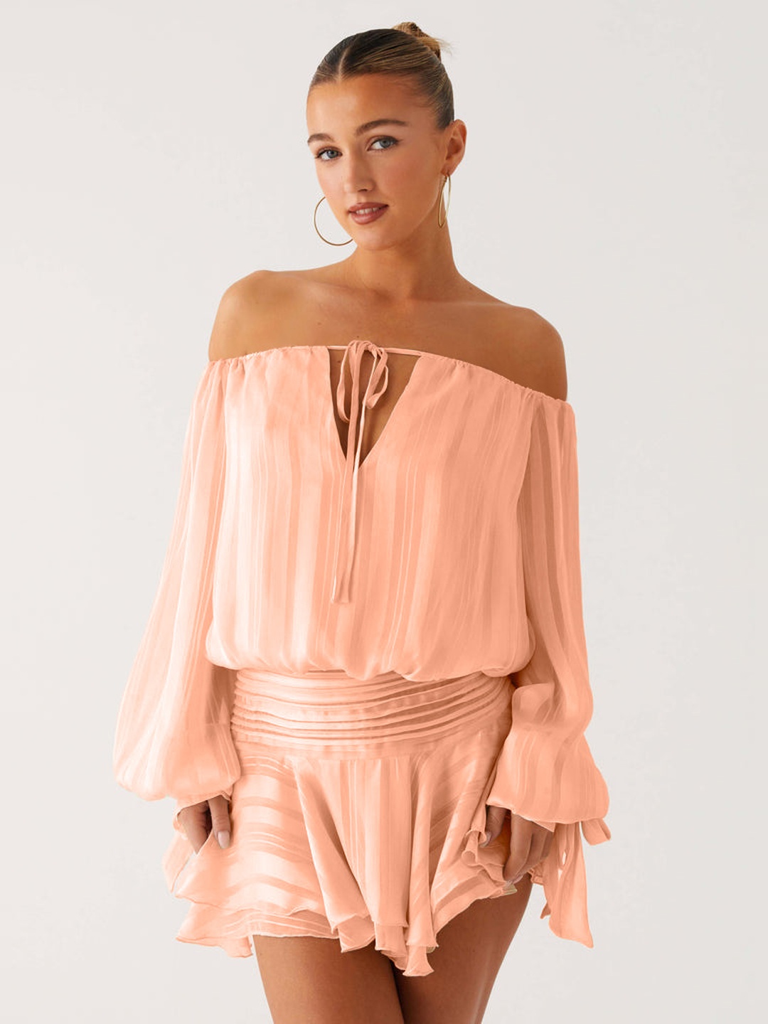 Peach Mini Skater Dress with Long Sleeves
