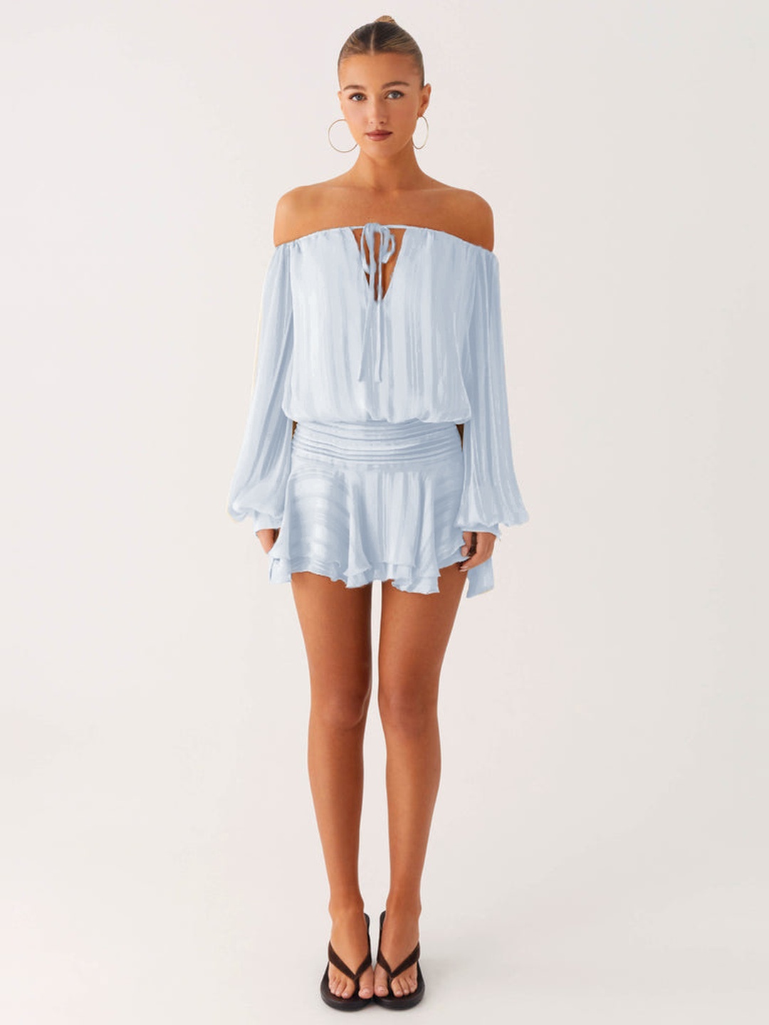 Light Blue Off-Shoulder Mini Dress with Long Sleeves