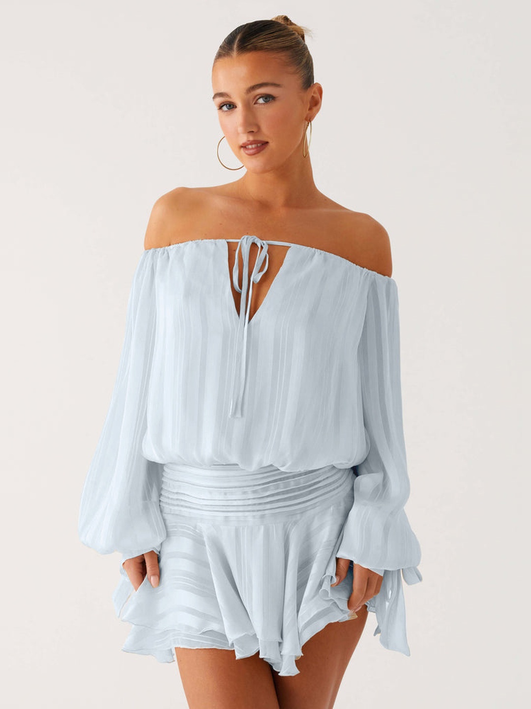 Light Blue Off-Shoulder Mini Dress with Long Sleeves