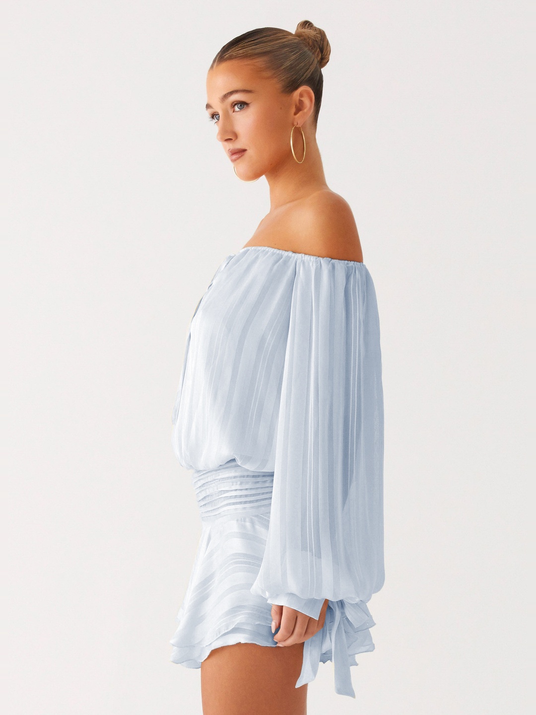 Light Blue Off-Shoulder Mini Dress with Long Sleeves