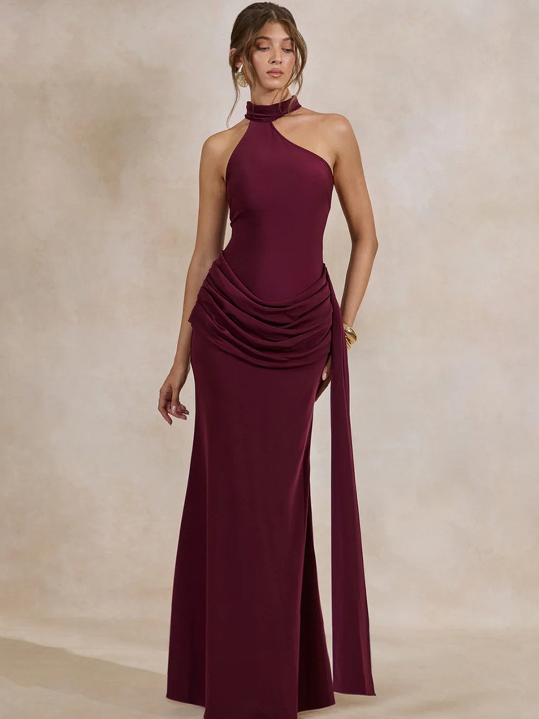 Burgundy Bodycon Maxi Dress with Halter Neck and Draped Waist