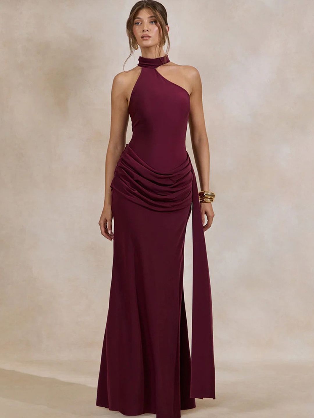 Burgundy Bodycon Maxi Dress with Halter Neck and Draped Waist