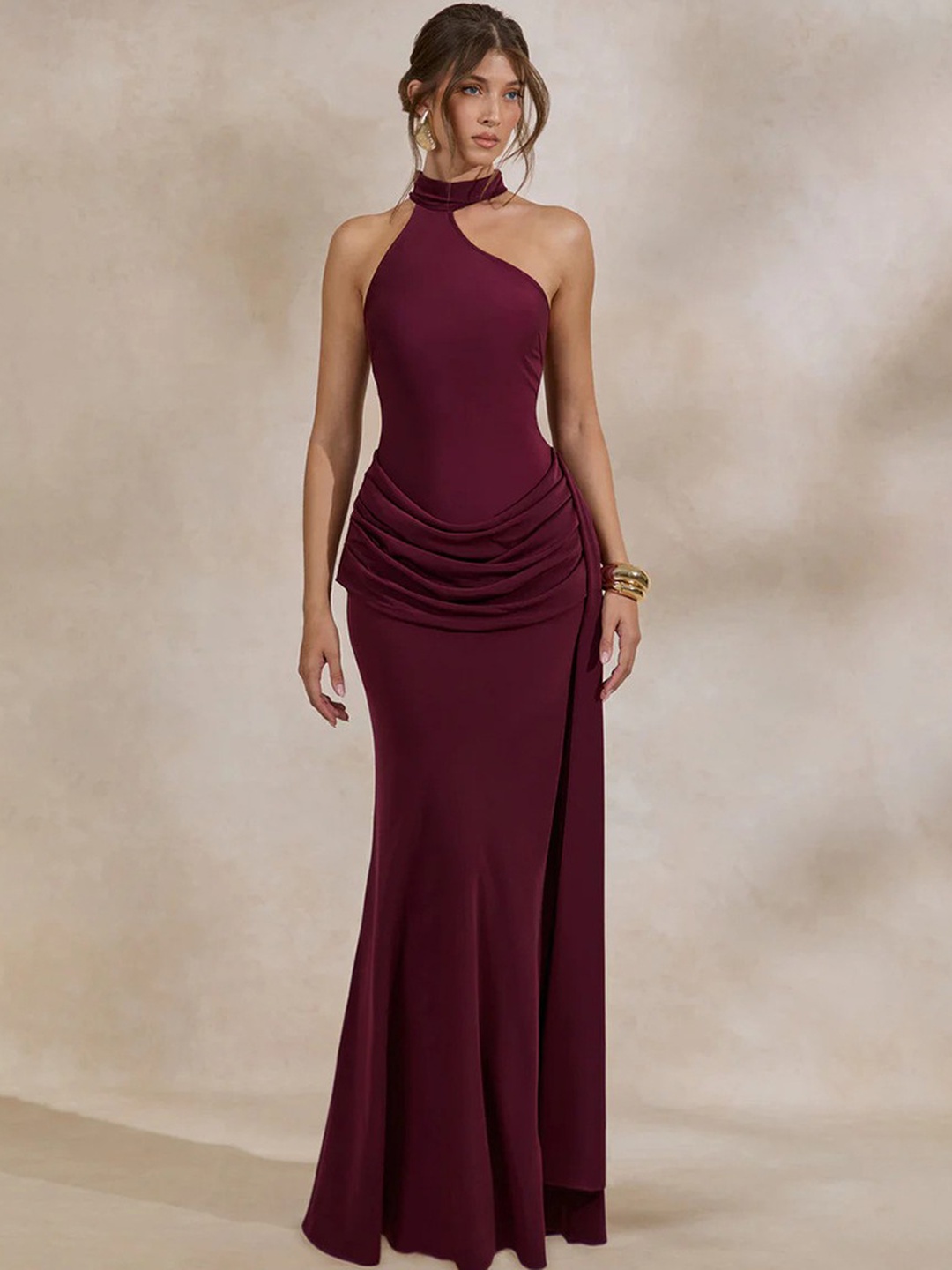 Burgundy Bodycon Maxi Dress with Halter Neck and Draped Waist