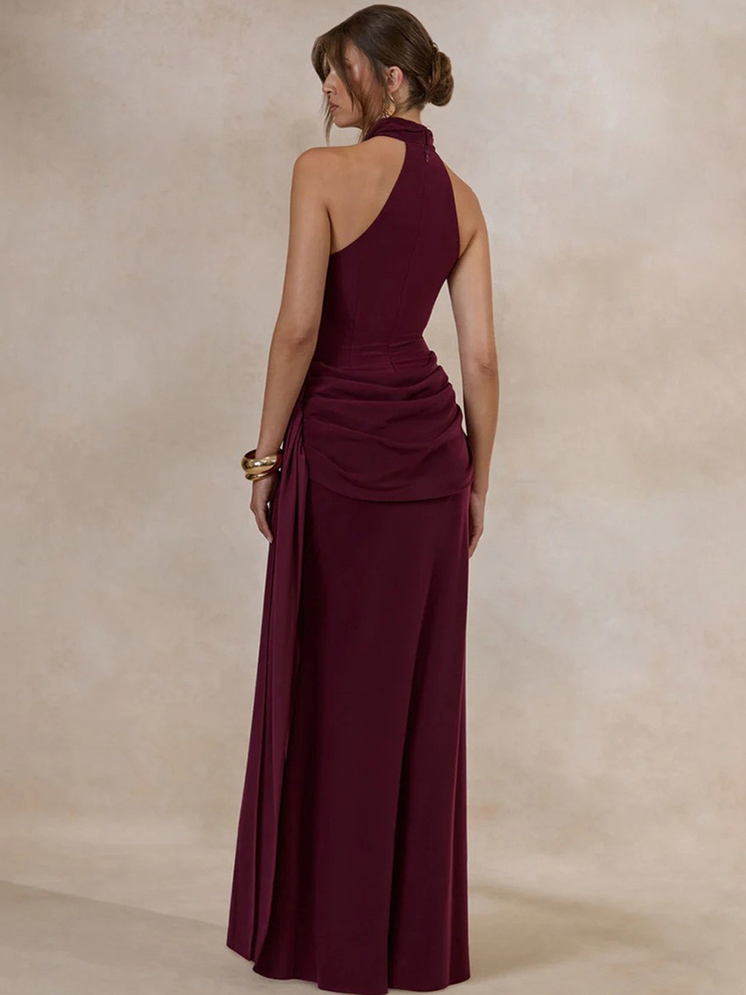 Burgundy Bodycon Maxi Dress with Halter Neck and Draped Waist
