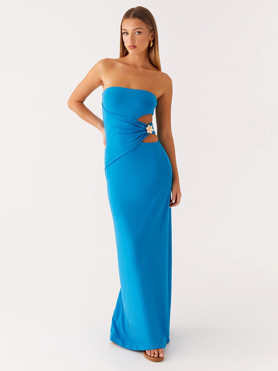 Azure Strapless Bodycon Maxi Dress with Waist Cut-Out