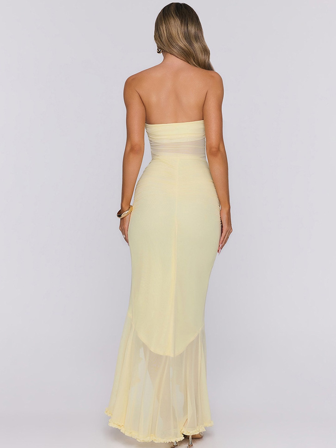 Yellow Strapless Bodycon Maxi Dress with Ruffle Slit