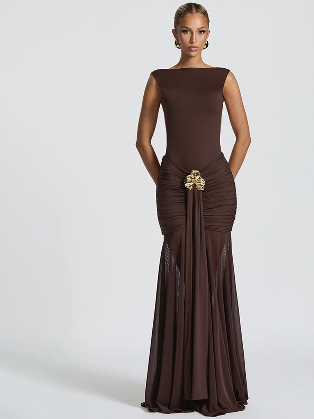 Brown Sleeveless Maxi Dress with Gold Embellishment