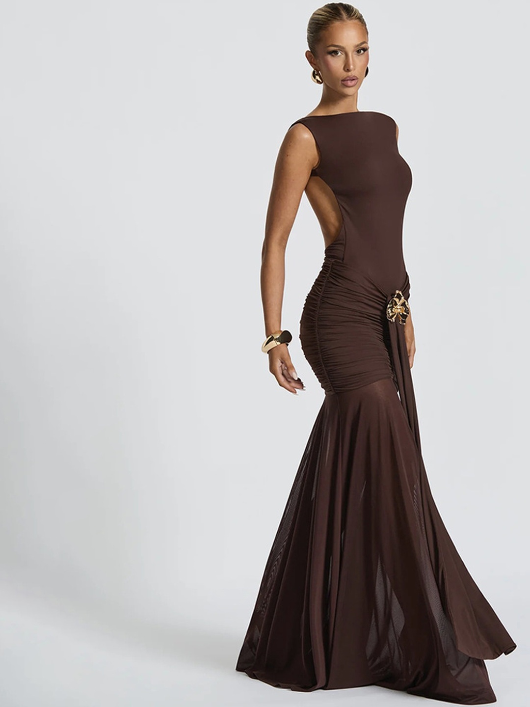 Brown Sleeveless Maxi Dress with Gold Embellishment