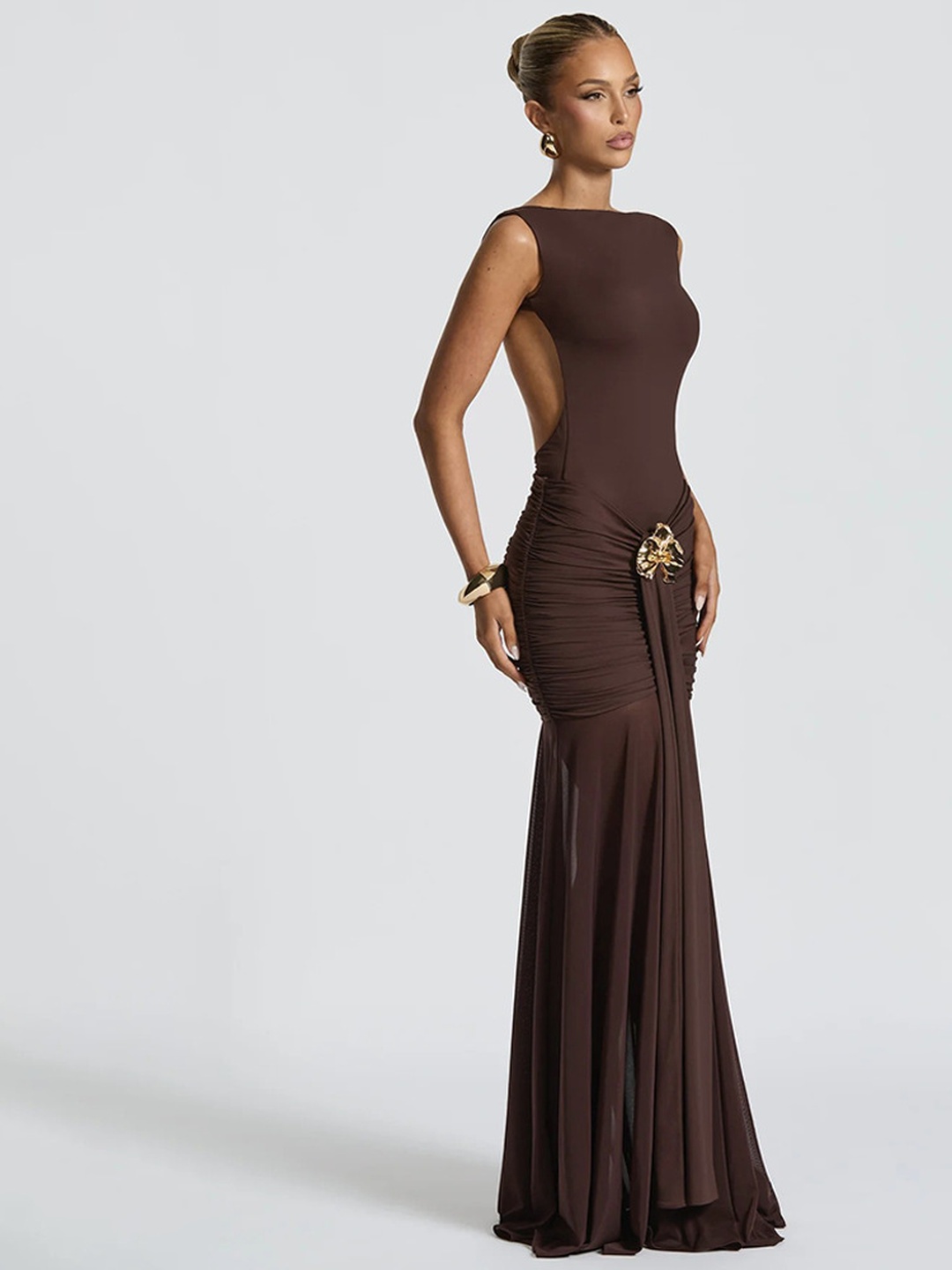 Brown Sleeveless Maxi Dress with Gold Embellishment