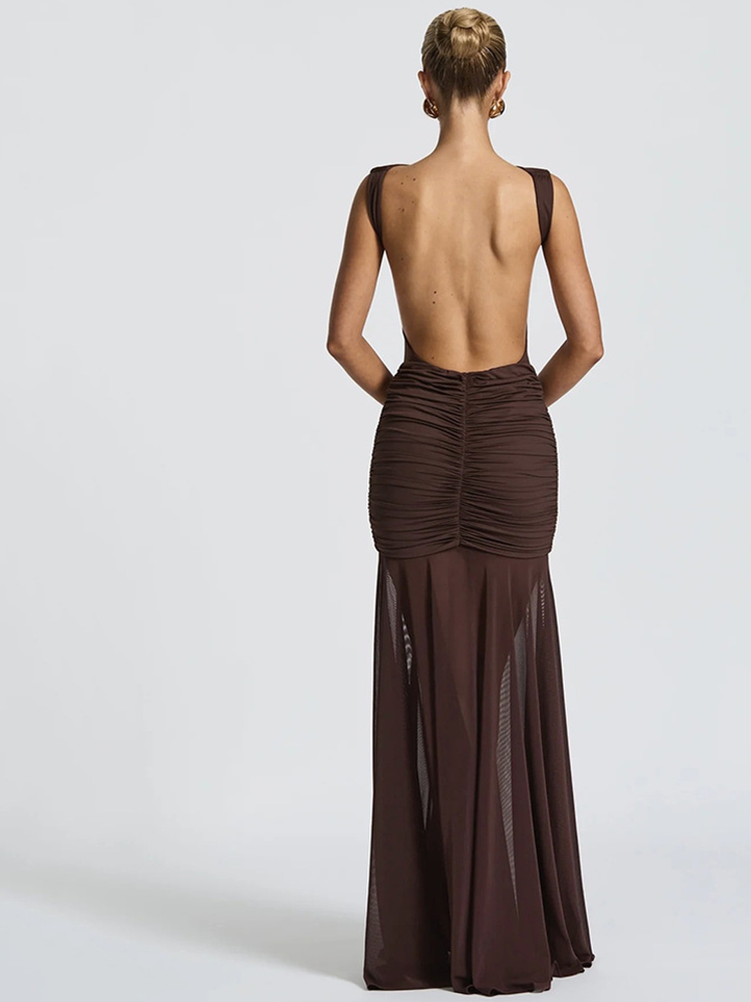 Brown Sleeveless Maxi Dress with Gold Embellishment