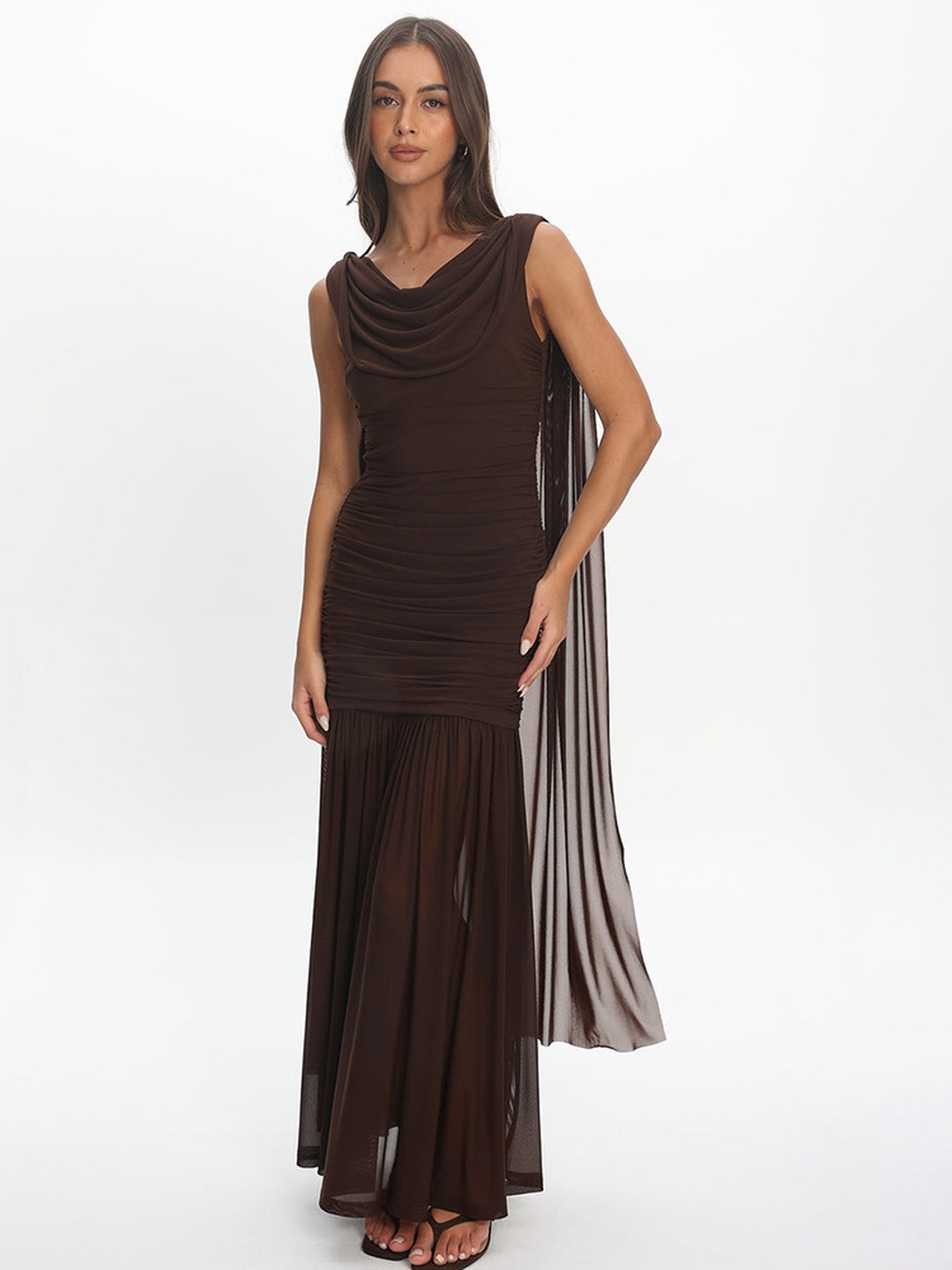 Brown Sleeveless Maxi Dress with Drape Detail