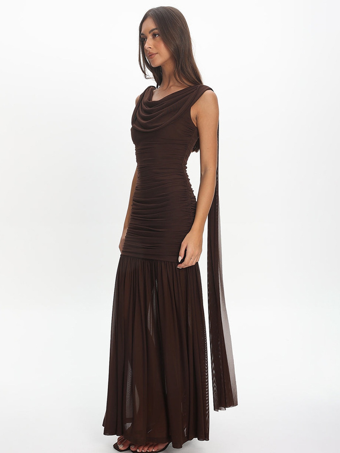 Brown Sleeveless Maxi Dress with Drape Detail