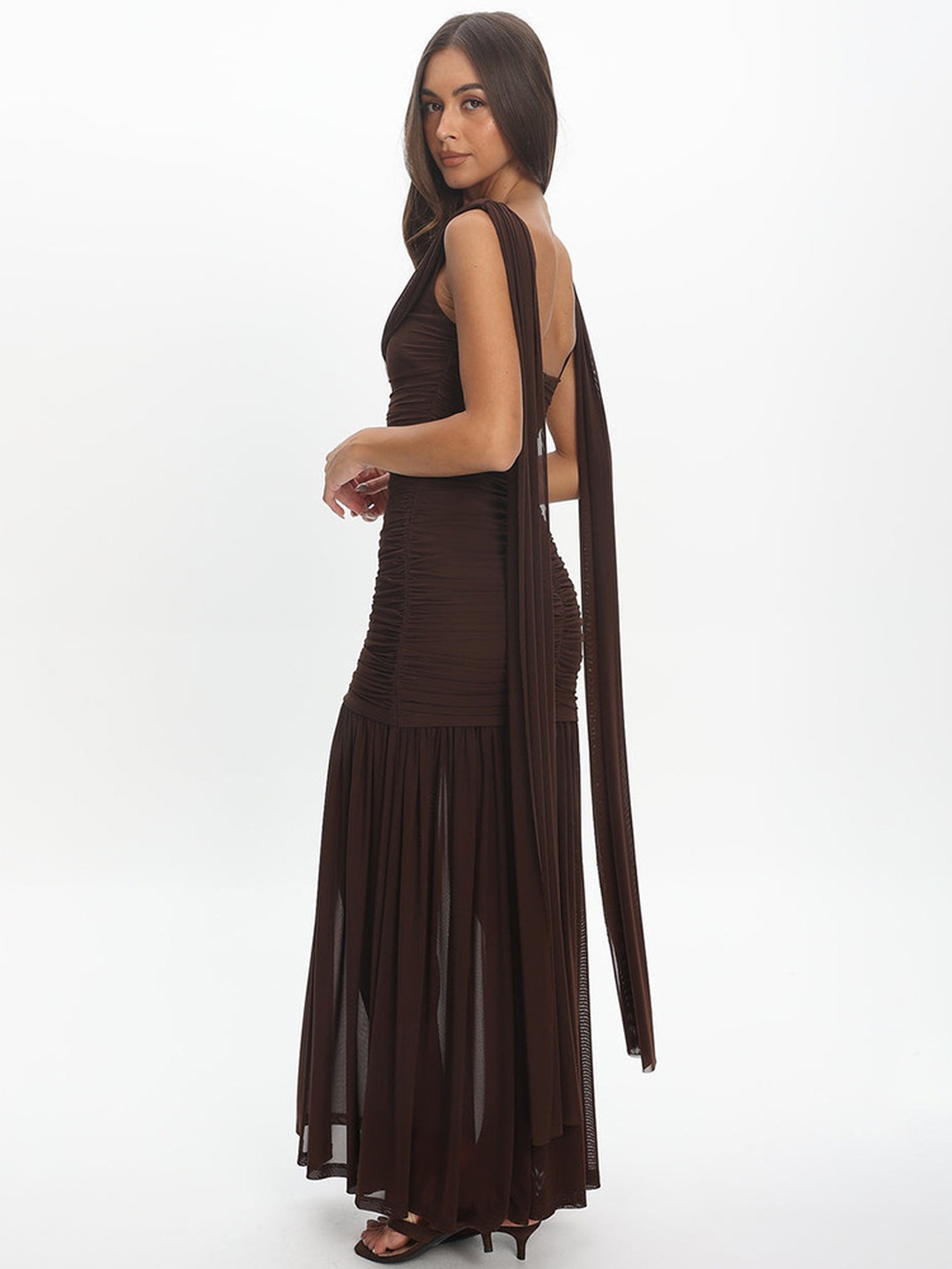Brown Sleeveless Maxi Dress with Drape Detail