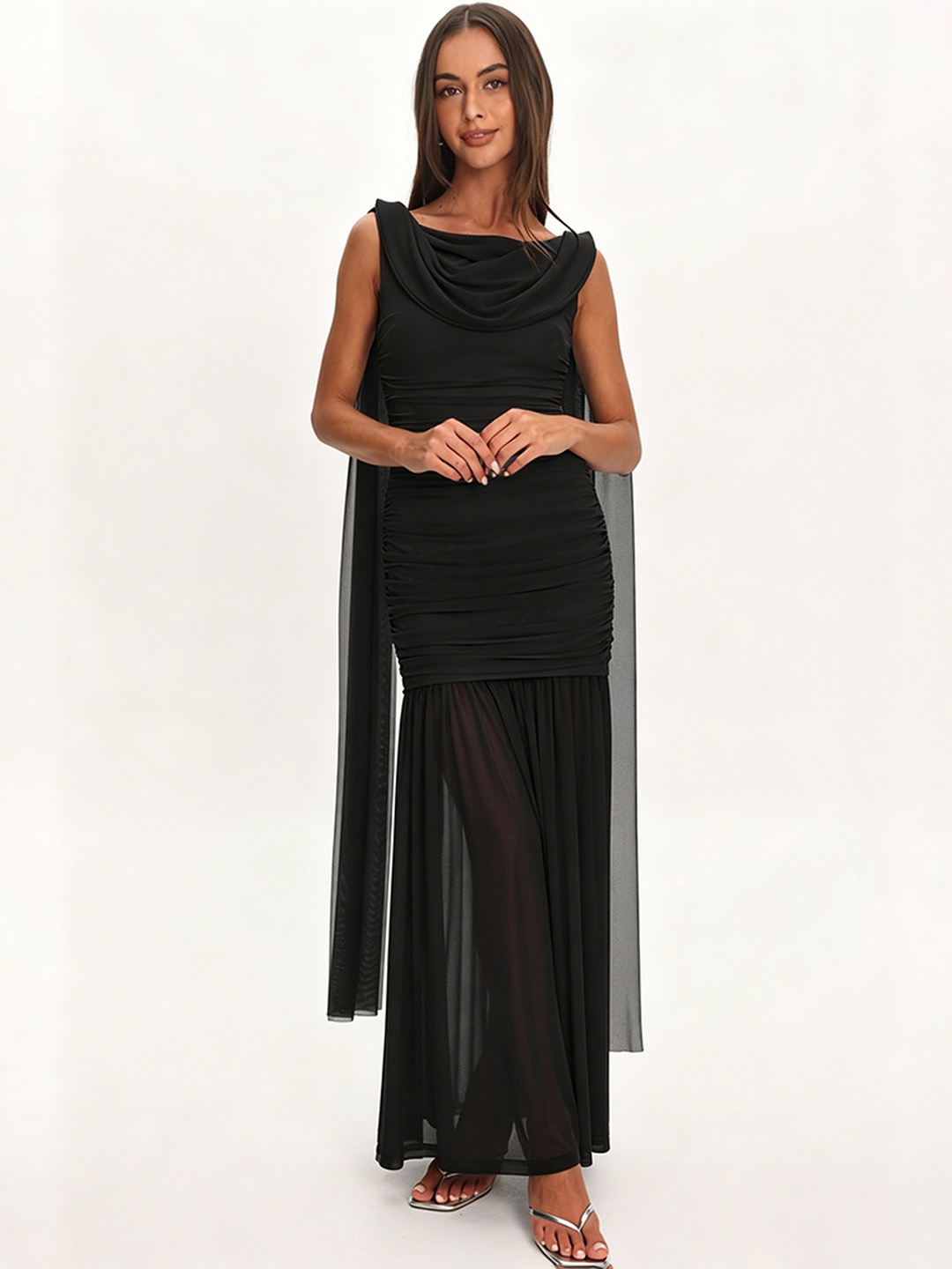 Brown Sleeveless Maxi Dress with Drape Detail
