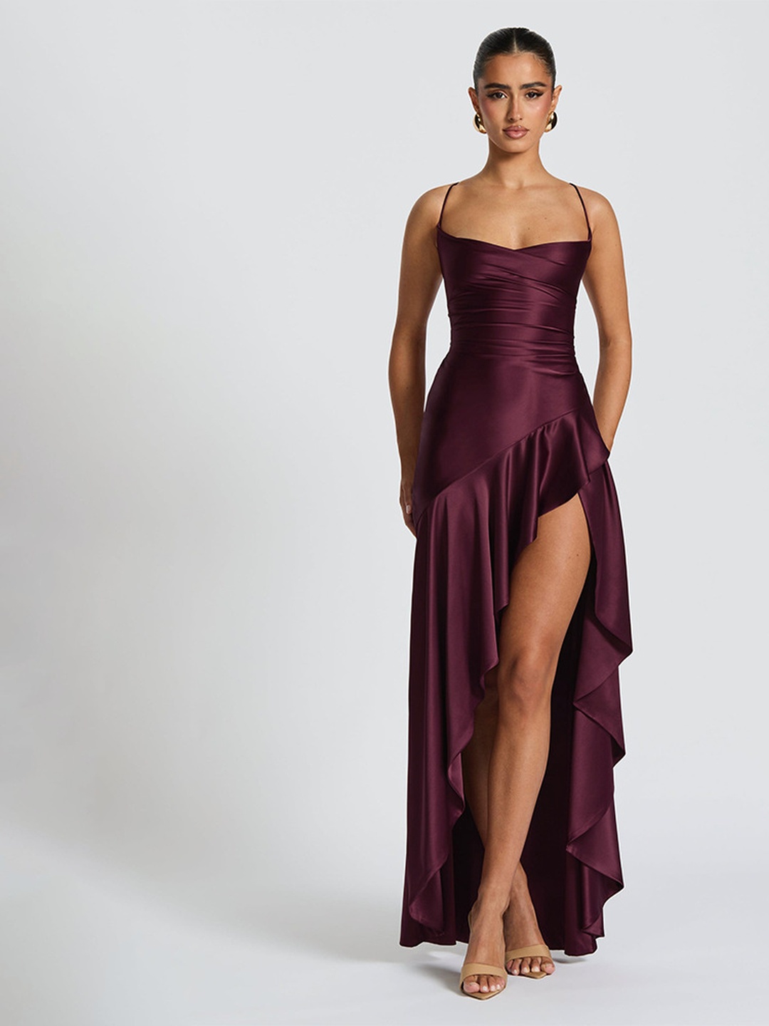 Plum Strappy Bodycon Maxi Dress with Ruffle Slit Wear