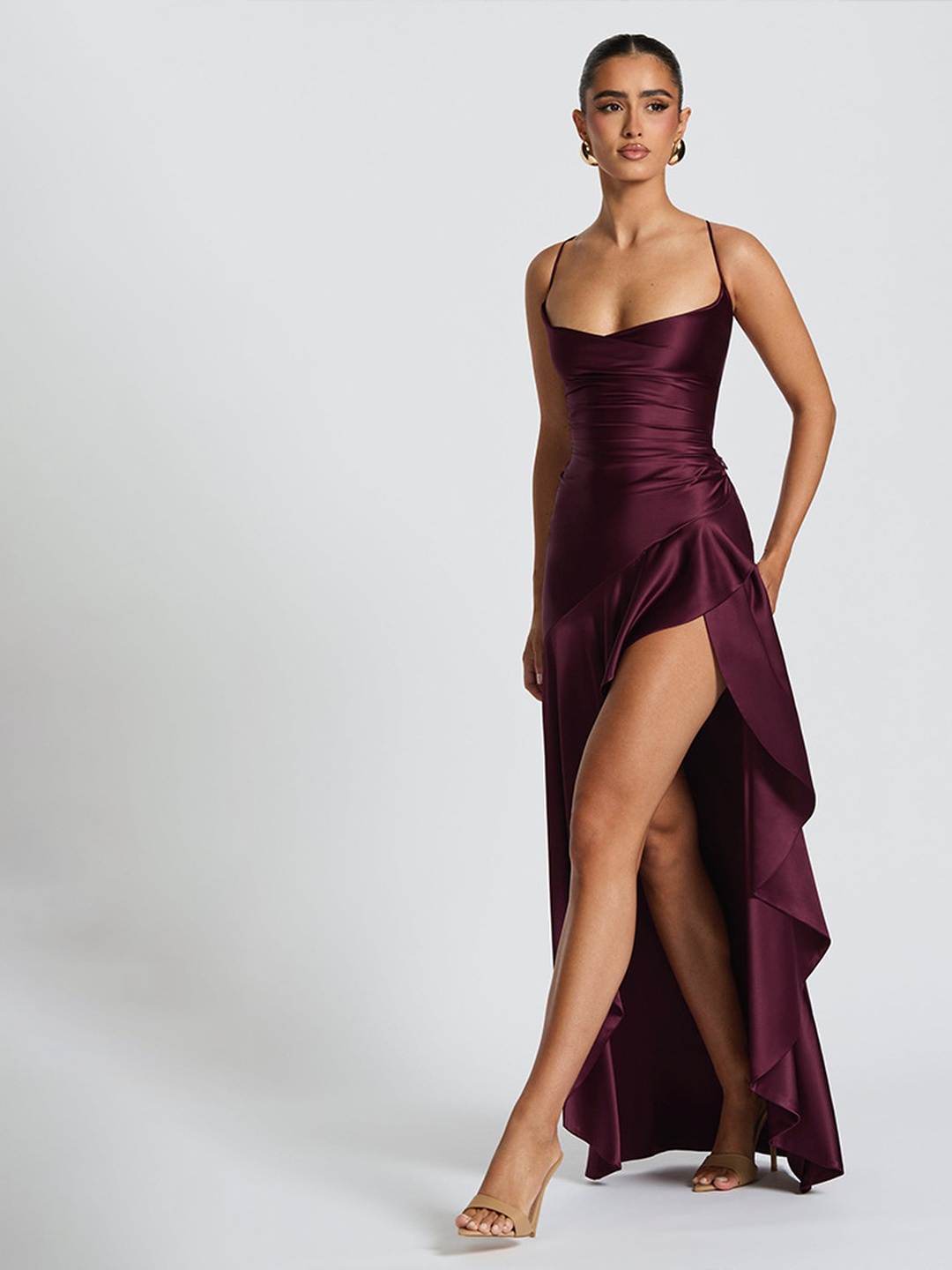 Plum Strappy Bodycon Maxi Dress with Ruffle Slit Wear