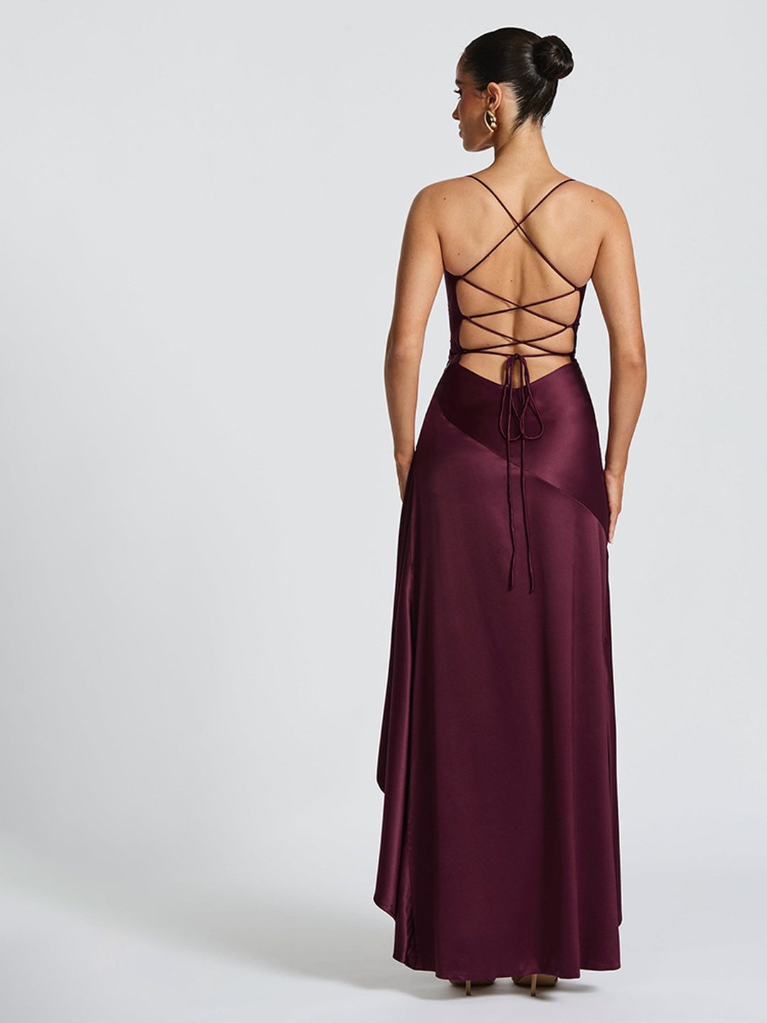 Plum Strappy Bodycon Maxi Dress with Ruffle Slit Wear