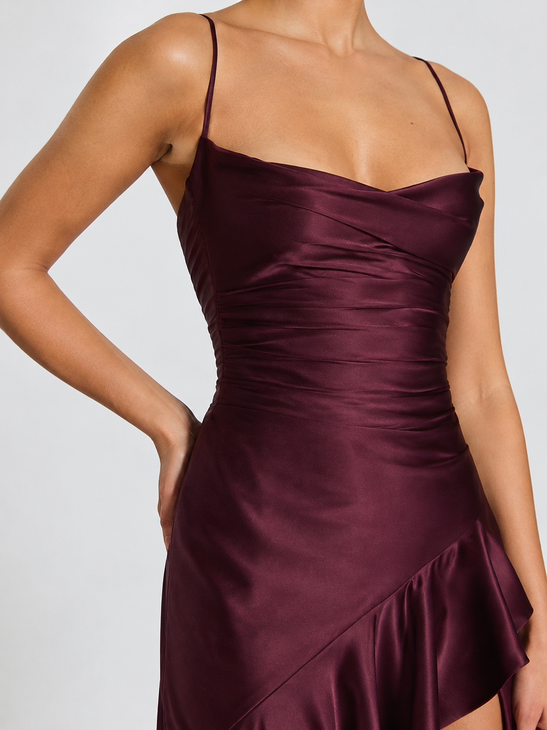 Plum Strappy Bodycon Maxi Dress with Ruffle Slit Wear