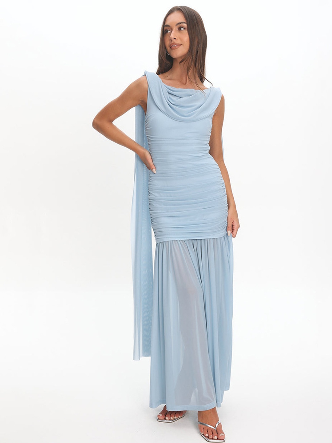 Sky Blue Ruched Bodycon Maxi Dress with Cowl Neck
