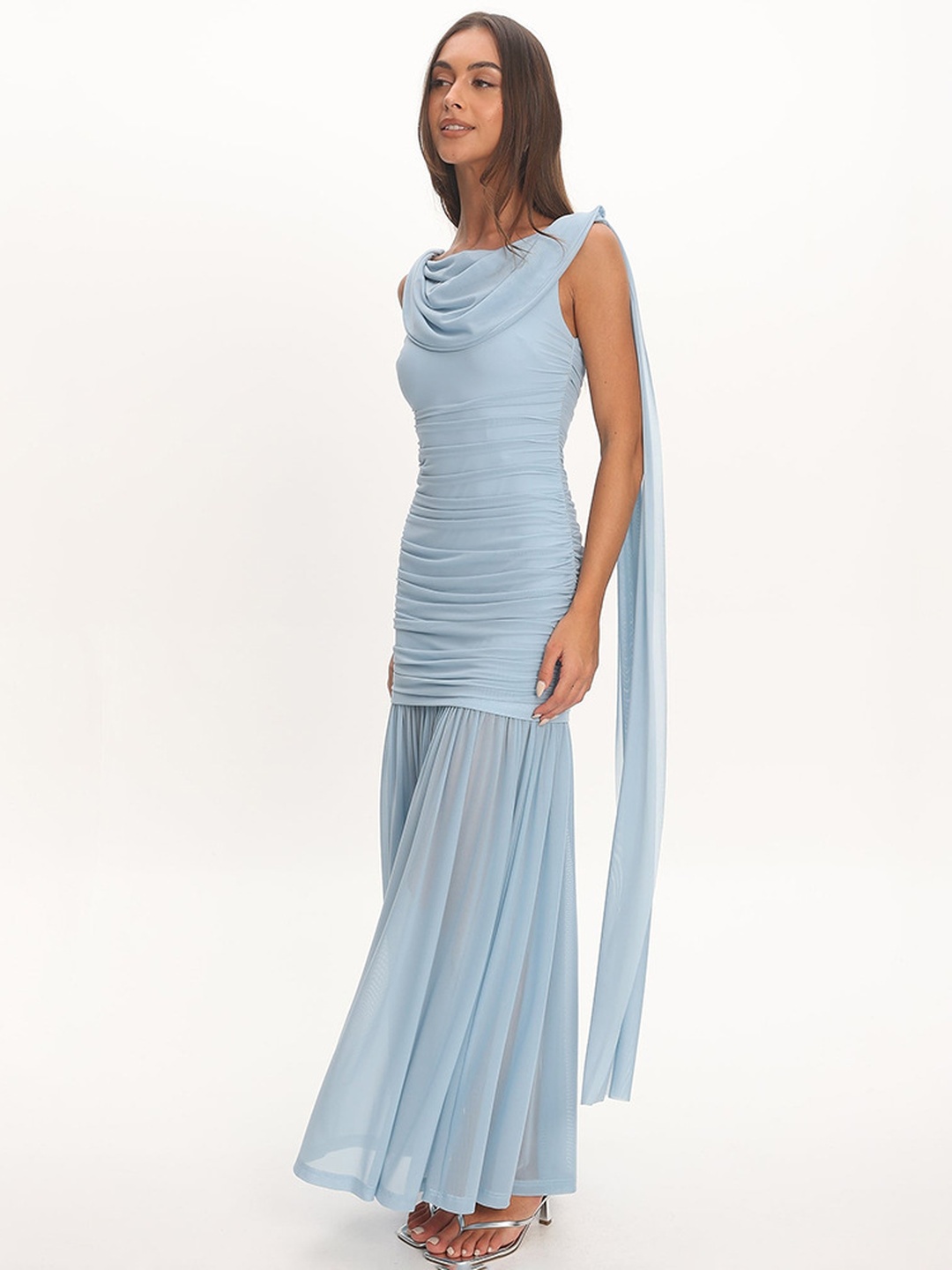Sky Blue Ruched Bodycon Maxi Dress with Cowl Neck