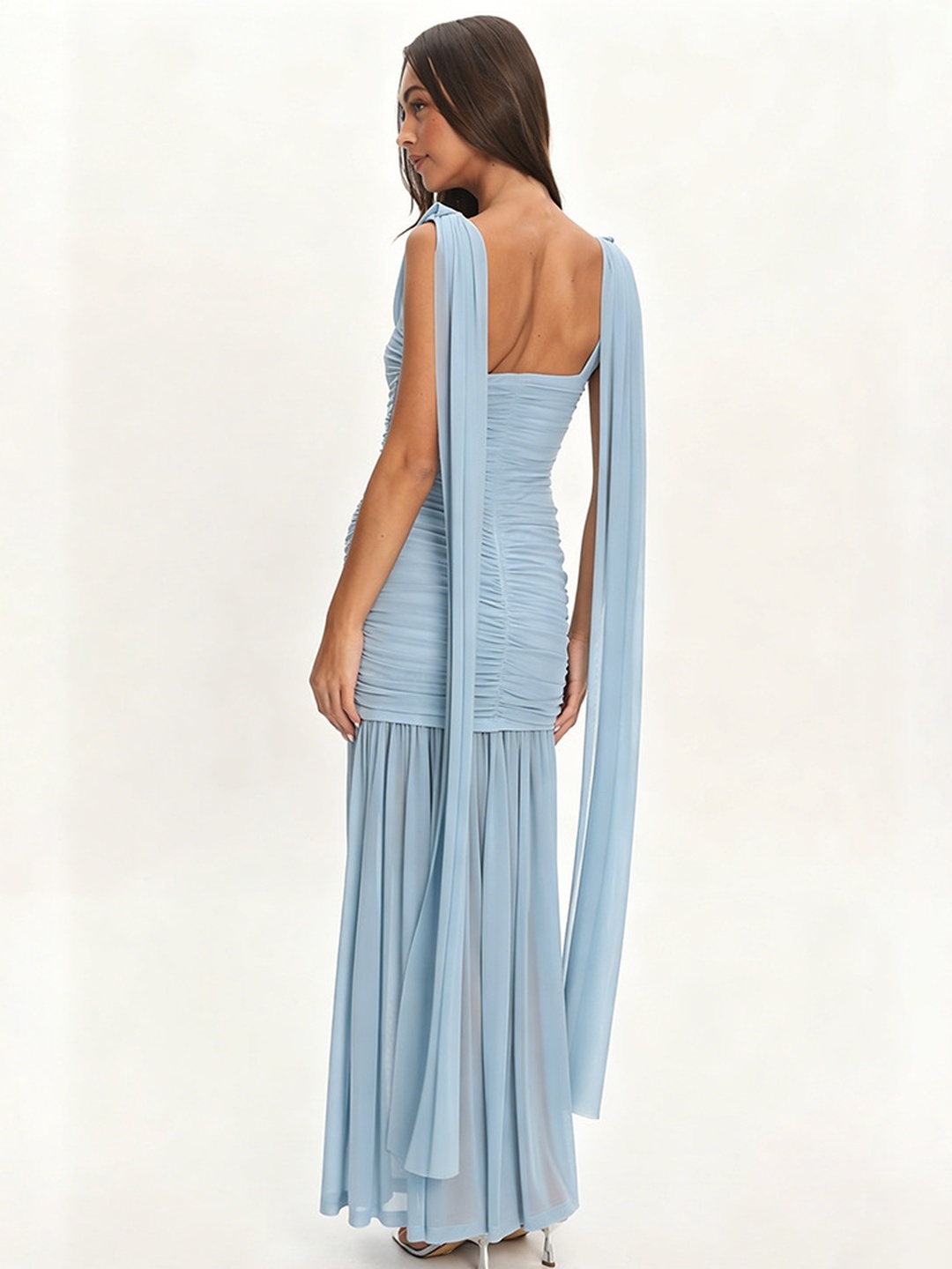 Sky Blue Ruched Bodycon Maxi Dress with Cowl Neck