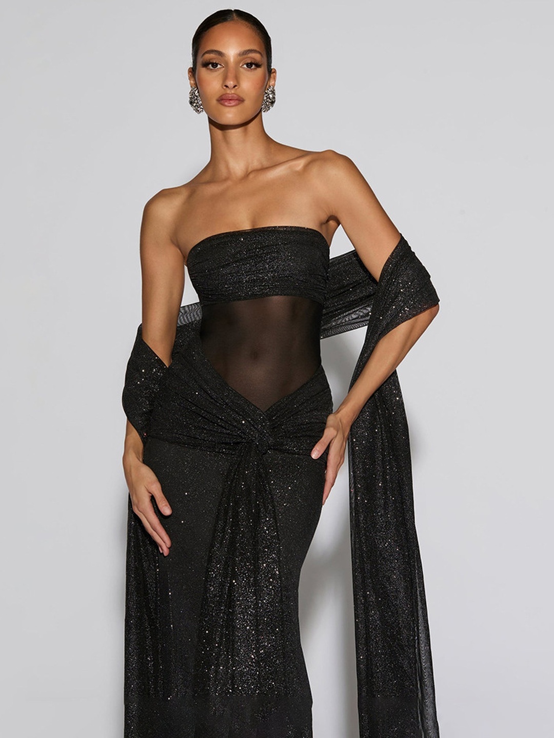 Black Sequin Maxi Strapless Bodycon Dress