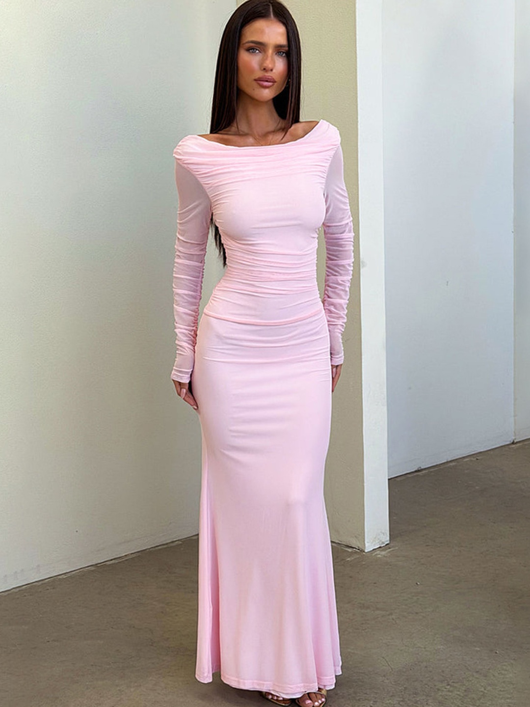 Light Pink Long-Sleeve Bodycon Maxi Dress