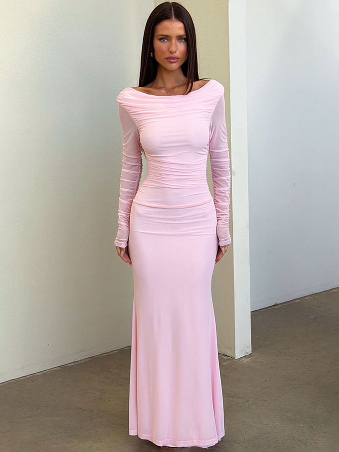 Light Pink Long-Sleeve Bodycon Maxi Dress