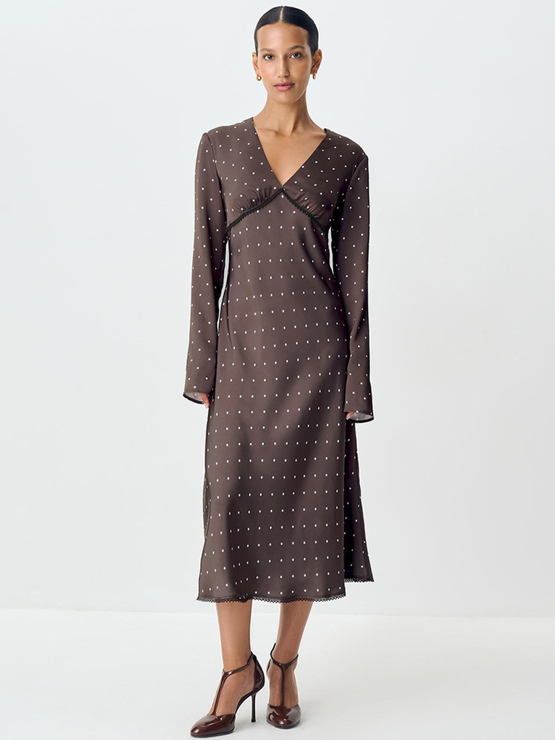 Brown Polka Dot Midi Dress with Long Sleeves