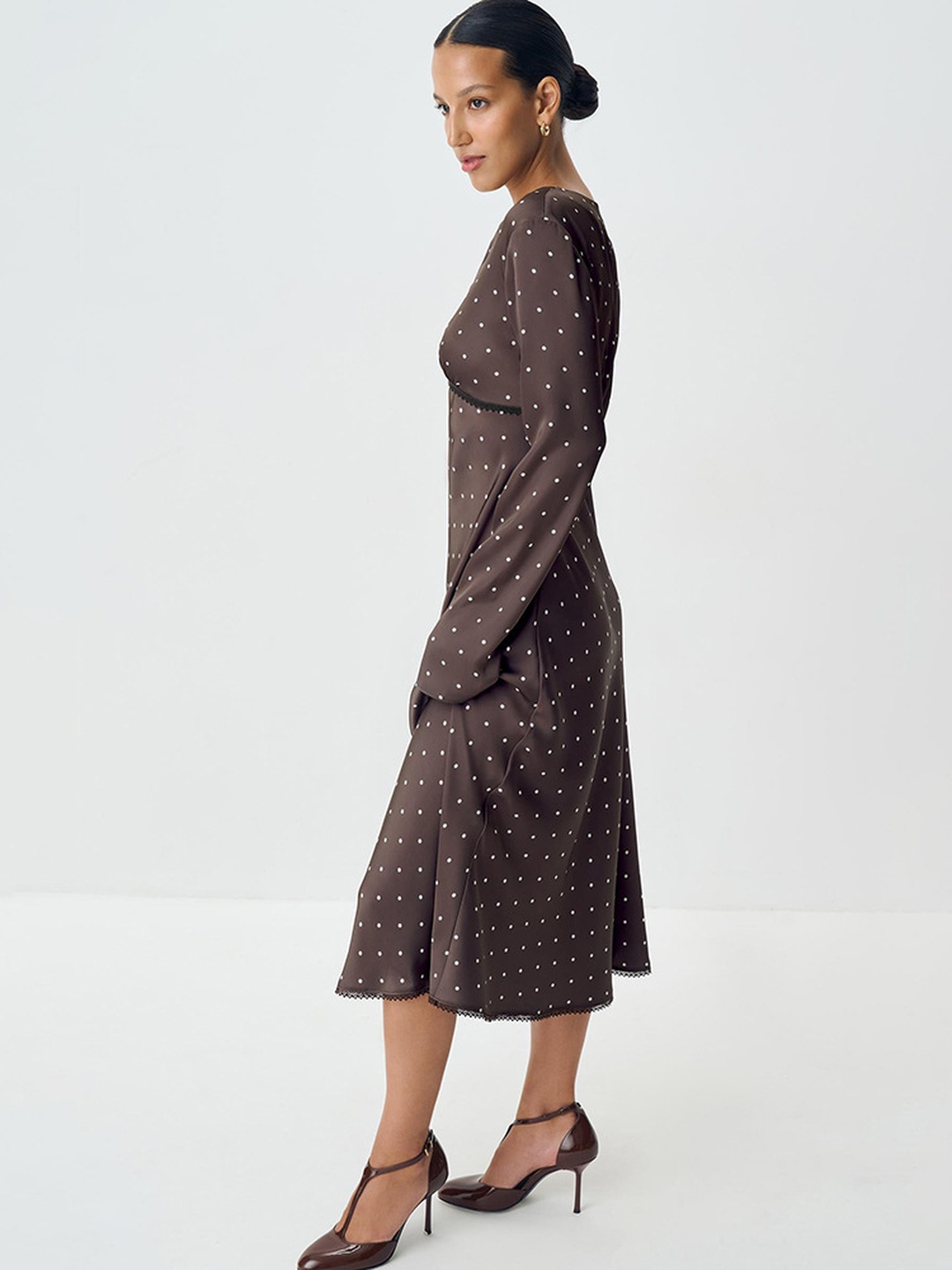 Brown Polka Dot Midi Dress with Long Sleeves