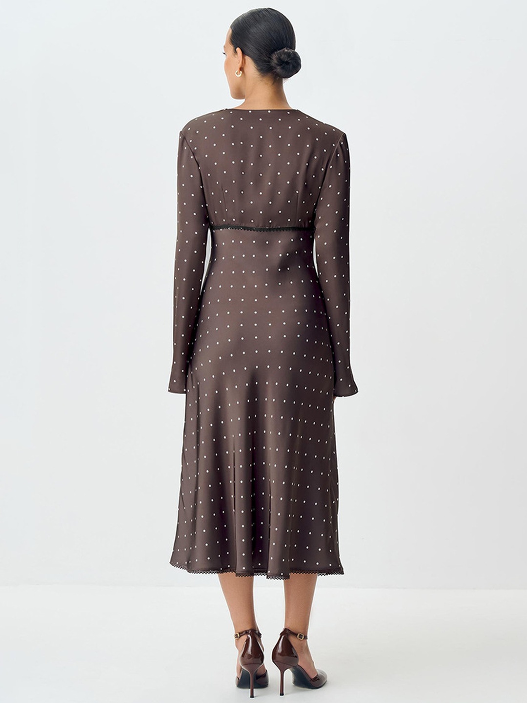 Brown Polka Dot Midi Dress with Long Sleeves