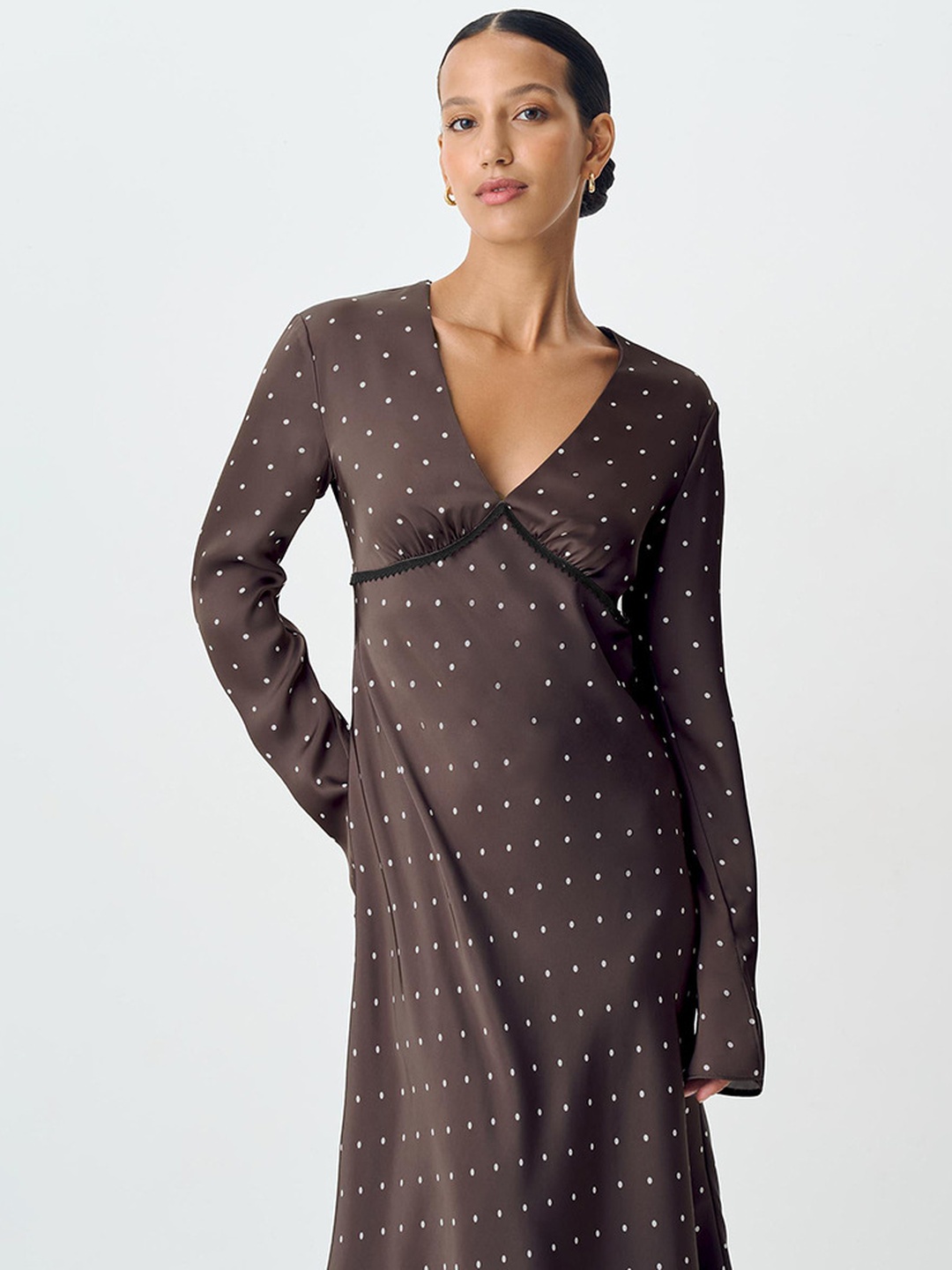 Brown Polka Dot Midi Dress with Long Sleeves