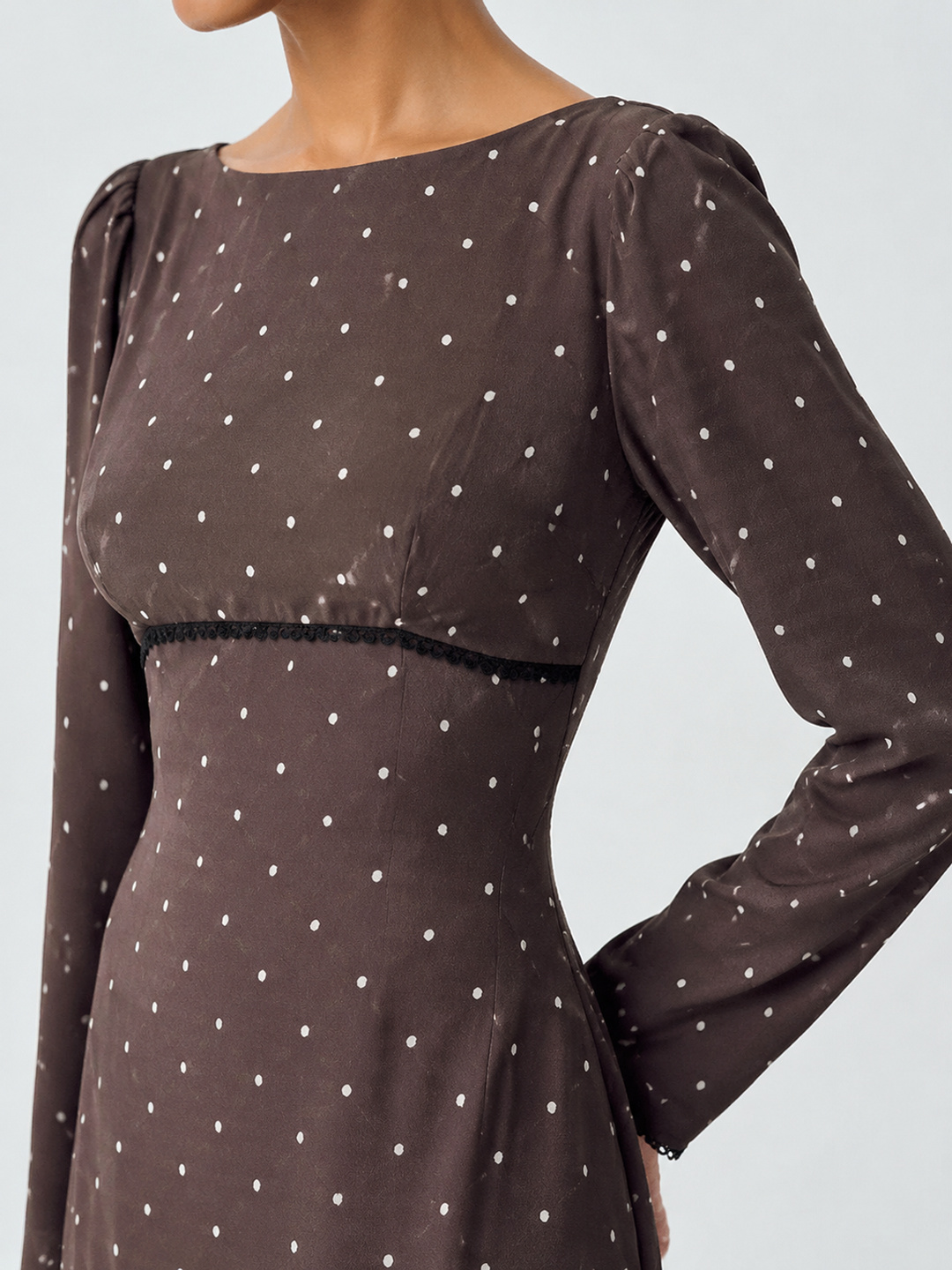 Brown Polka Dot Midi Dress with Long Sleeves