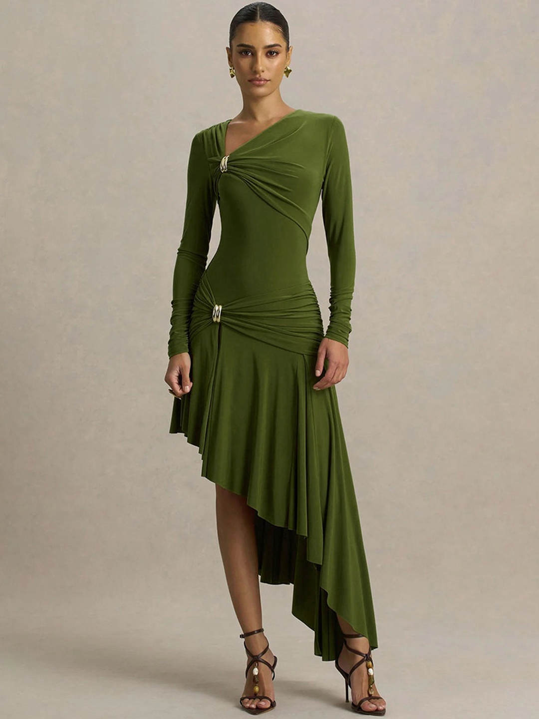 Olive Green Midi Dress with Long Sleeves