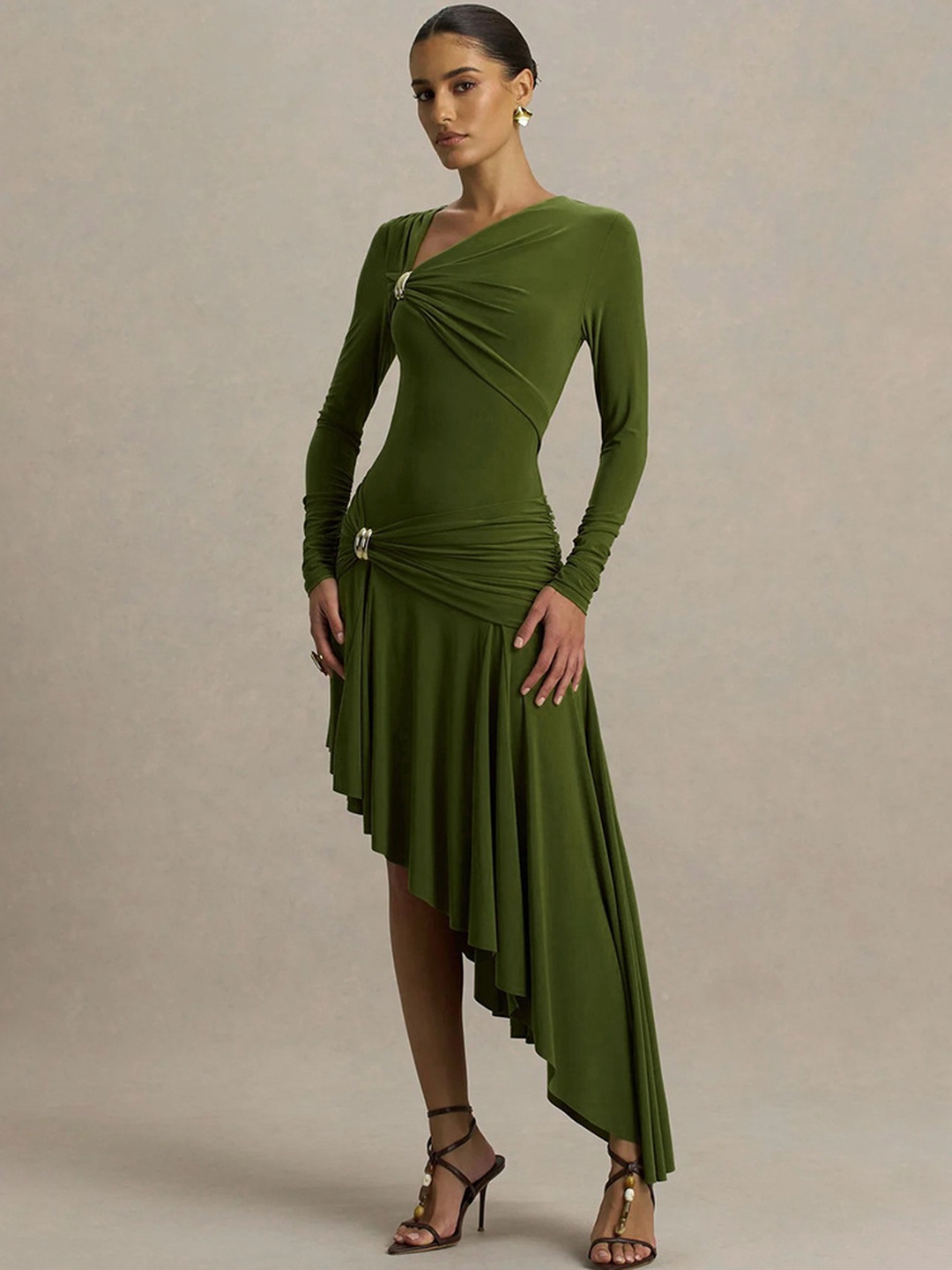 Olive Green Midi Dress with Long Sleeves